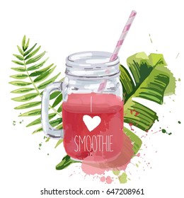 I love smoothie. Smoothie jar with tropical leaves.
