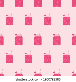 Love Smoothie in Mason Jar. Seamless Pattern with Mason Jars, Hearts and Straw for Valentines Day.