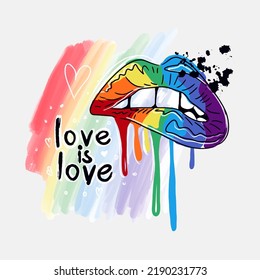 Love is love. Smudged lips, watercolor background, paint splatter, lgbt pride, gay pride, rainbow flag, lgbt vector quote