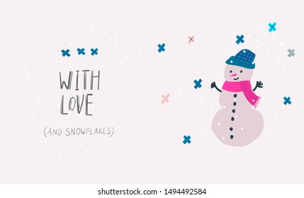 With love snow hug smile snowman Christmas simple snowflake card. Winter Holidays vector. Paper postcard graphic design element. Cute written primitive small sign. Kids drawing hand made cutout art