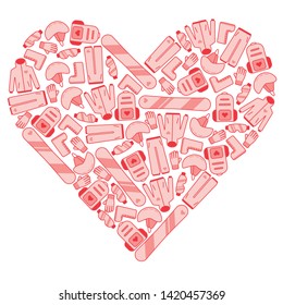 Love snowboarding isolated heart made with snowboards, goggles, gloves, boots, helmets, backpacks, jackets, pants. Monochrome red and pink rider clothing objects