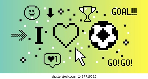 Love soccer concept. Sport pixel art 8 bit design for football fans. Football banner. Soccer motivation sign. Pixels Y2k trendy playful sticker. Mood of 90's aesthetics. Simple geometric form