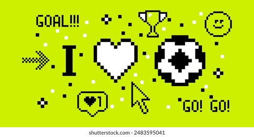 I love soccer. Love sport pixel art 8 bit design for football fans. Sport banner concept. Soccer motivation sign. Pixels Y2k trendy playful sticker. Mood of 90's aesthetics. Simple form