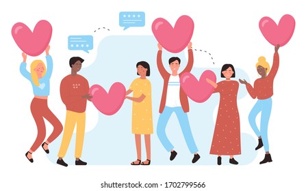 I love social media background with smiling people and hearts. I like it character concept flat vector illustration. Communication, appearance and development of relationships in social networks