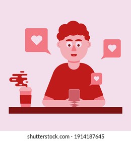 love and social media. flat design. 
valentine day. people in love. coffee cup.
