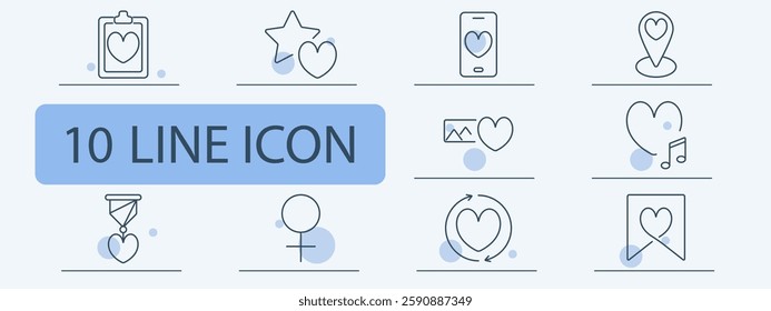 Love and social media set icon. Love checklist, favorite, mobile romance, location, gallery, music, award, gender, heart cycle, bookmark.