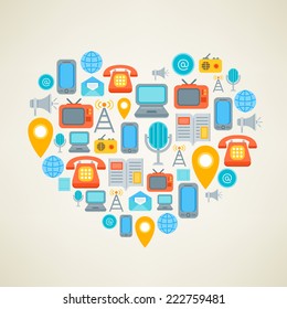 I love Social Media. Vector concept. Heart with different media flat icons depicting laptop, internet, letter, loudspeaker, mail, microphone, mobile, newspaper, phone, radio, television, web