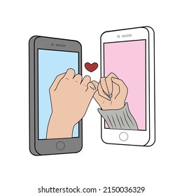 Love In Social Network. Couple Hands Holding Through Mobile Phone. Long Distance Relationships Concept. Vector Illustration.