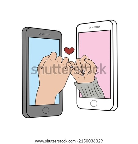 Love in social network. Couple hands holding through mobile phone. Long distance relationships concept. Vector illustration.
