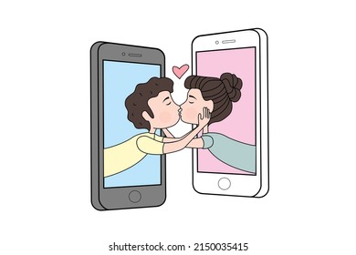 Love in social network. Happy guy and girl kissing trough cellphone. Long distance relationships concept. Vector illustration.