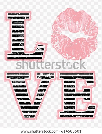 Love and soft pink kiss lips print on transparent background. Woman t-shirt design. Fashion print composition for ladies textile wear, top, shirt, blouse
