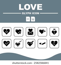 Love Solid Editable Icons set, Set of solid love icons with various romantic elements such as cupid's arrow, love letter and engagement ring.