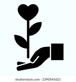Love solid icon. Flower with heart on a hand vector illustration isolated on white. Giving the flower in shape of heart glyph style design, designed for web and app. Eps 10