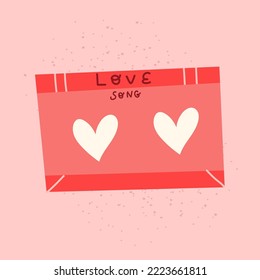 Love song doodle tape isolated on pink. Hand drawn audio tape with hearts