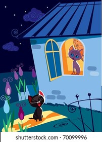 Love song. The vector illustration of cat singing serenade to his girlfriend at night. No mesh, no gradient.