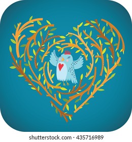 Love song. Vector illustration with singing bird into the heart made of branches