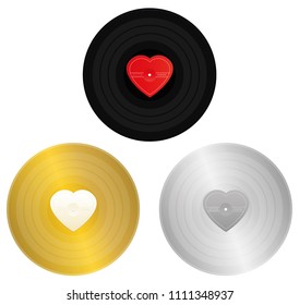 Love songs records - black, gold and silver record with unlabeled heart shaped center to be labeled for award or certification. Symbol for golden hits, gold beaters, old love songs.