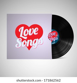 Love songs retro vinyl record, isolated vector illustration, realistic vinyl record with cover mockup. Design for web, stickers, logo and mobile app.