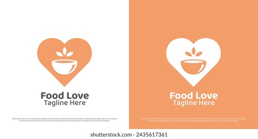 Love soup food logo design illustration. Silhouette of soup bowl kitchen food drink heart delicious dinner diet business cafe restaurant. Modern geometric creative abstract minimal simple icon symbol.