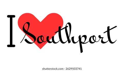 I love Southport, city of United Kingdom. Hand drawn letters with red heart. Vector illustration lettering, modern design for print t shirt, banner, poster, sticker or label.