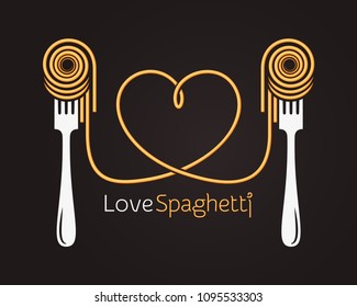 Love spaghetti concept. Pasta with fork on black background
