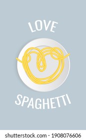 Love spaghetti icon, logo, sign. Spaghetti heart symbol with text on white 3d plate. Italian pasta food menu template. Vector illustration