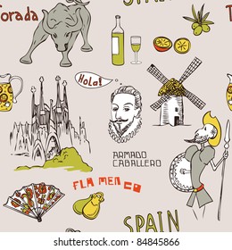 Love Spain, doodles symbols of Spain. Endless pattern. Can be used for wallpaper, pattern fills, web page background, surface textures, fabric design.