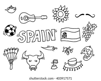 Love Spain, doodles symbols of Spain. Vector illustration, EPS 10