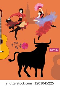 
Love Spain, drawing symbols of Spain. Decorative poster. Black toro, flamenco dancers, flower, guitar, silhouette of building isolated on orange background in vector.