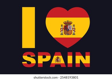 I love Spain Word with heart shape, Flag of Spain national country symbol illustration Vector, Rectangle Spain flag illustration, Flat vector illustration
