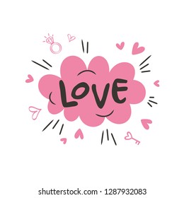 LOVE, speech bubble and text with hearts, for Valentine