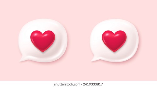 Las burbujas del discurso de amor con iconos del corazón. 3d comentarios de chat adoran los iconos. Como el cuadro de mensaje. Diseño 3d realista y moderno. Burbujas de voz, cuadro de mensaje de chat. Cartel de diálogo en medios sociales. Ilustración del vector