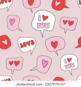 Love speech bubbles vector seamless pattern. Romantic Valentines Day background.