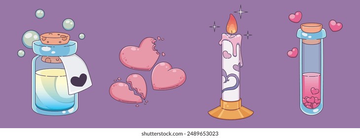 Love spell assets set isolated on background. Contemporary vector cartoon illustration of glass flask with pink liquid substance, burning candle, heart shape pill, antidote bottle, bubbles in air