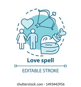 Love spell concept icon. Witchcraft and alchemy idea thin line illustration. Philtre, romantic potion. Cupid bow, couple in love and magic elixir vector isolated outline drawing. Editable stroke