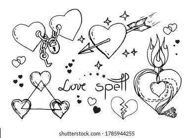 Love spells. Different heart symbols. The triangle of hearts of three, the love of a couple, the arrow of angel, a broken soul, a bottle of elixir. Witchcraft, magic. Valentine Day. Hand drawn vector