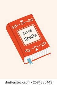 Love spells Valentine's Day greeting card. Red book with a festive inscription on a light background. Valentine's day, February 14, love concept. Vector drawings for postcard, card.