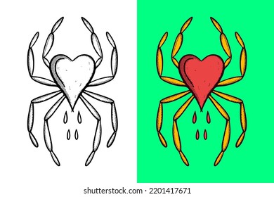 Love spider Illustration hand drawn cartoon vintage style vector