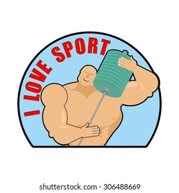 I love  sport. Emblem, sign for fans of bodybuilding. Man hugs. Vector illustration of a cute Muscled Athlete and sports projectile, accessory.
