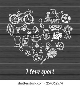 I love sport, hand drawn doodle set