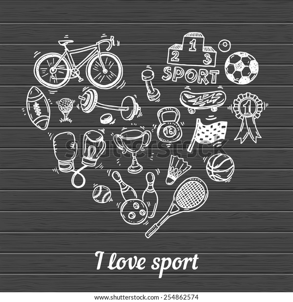 I love sport, hand\
drawn doodle set