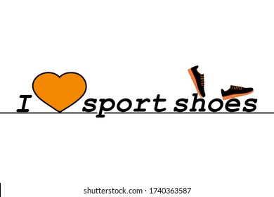 I love sport shoes. Text, slogan. A pair of sneakers, gym shoes and a heart. Isolated vector illustration on white background. Flat style.