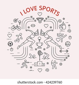 I love the sport. Sports infographics. Different types of sports. The set of elements and icons for print on t-shirts.