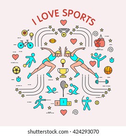 I love the sport. Sports infographics. The set of elements and icons for print on t-shirts. Different types of sports.