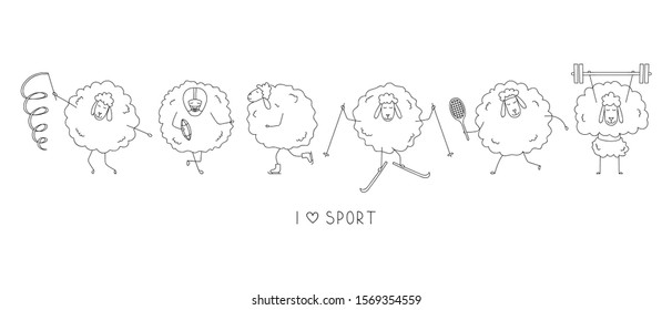 I love sports. Funny sheep athletes. Cartoon sports icons.