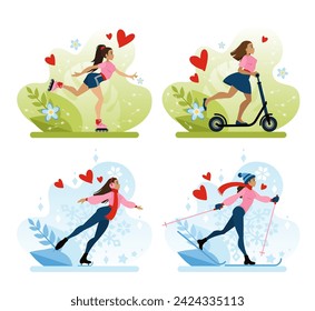 Amor por los deportes. Un conjunto de ilustraciones de las actividades al aire libre de verano e invierno es patinaje sobre hielo y patinaje sobre ruedas, montar una moto y esquiar.  Un vector plano en un estilo de dibujos animados