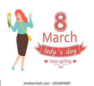 Love spring, 8 March lady day and redhead woman with narcissus or daffodil flower, female character. Smiling girl in skirt and blue sweater, greeting card