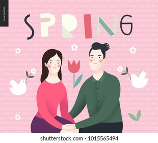 Love, spring, bench - a couple in love sitting on a bench and lettering Spring