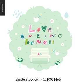 Love, spring, bench fun lettering on the gross bush with spring elements