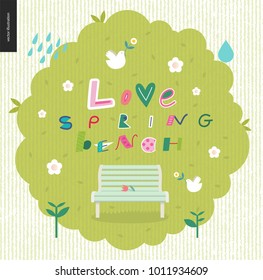 Love, spring, bench fun lettering on the gross bush with spring elements